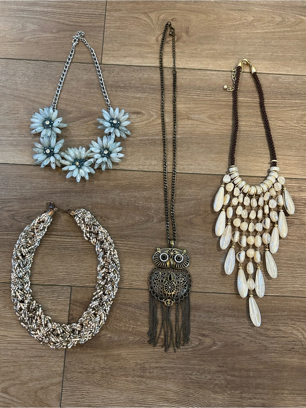 Statement Necklace Lot 4 Pc Floral Owl Beaded Bib Boho Fashion Jewelry
